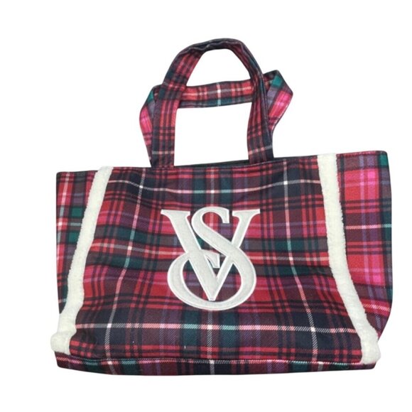 Victorias Secret Red Plaid Tote Bag With Sherpa Detailing & Logo Patch READ - Picture 1 of 8